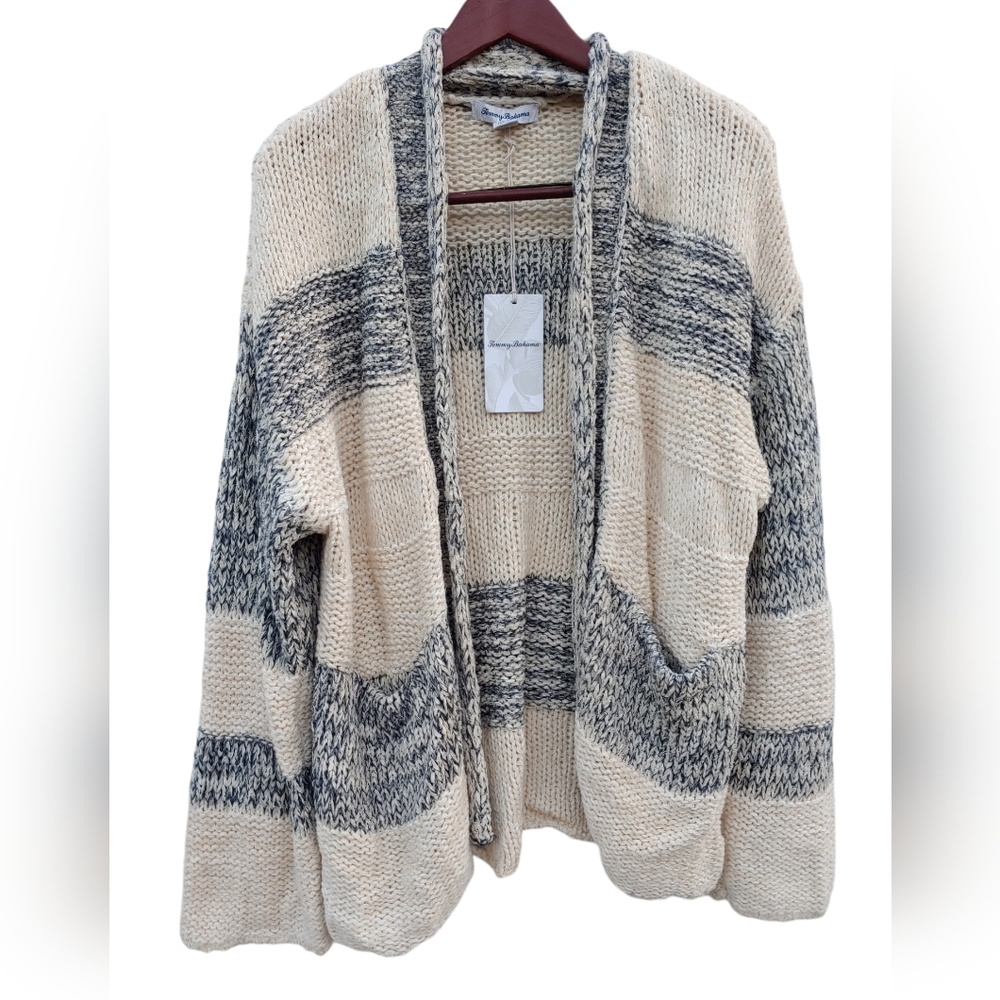 Tommy Bahama Open Front Sweater Chunky Knit Blue White Dropped Shoulders